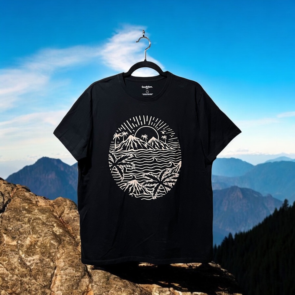 Goodfellow & Co. Black Graphic T-Shirt with Mountain/Waves/Sun/Palm Trees Screen